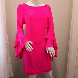 Julie Brown NYC Hot Pink Tiered Ruffle Bell Sleeve Shift Dress Size 10 Neon Mini
